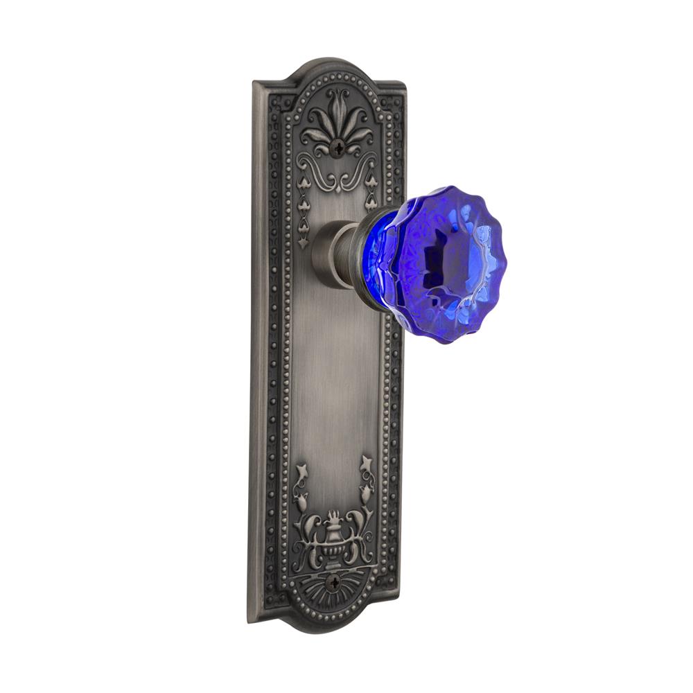 Nostalgic Warehouse MEACRC Colored Crystal Meadows Plate Passage Crystal Cobalt Glass Door Knob in Antique Pewter